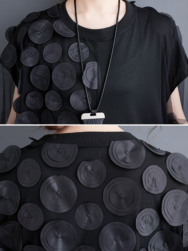 Momentlover Split-Joint Gauze Asymmetric Short Sleeves Loose Round-Neck Midi Dresses