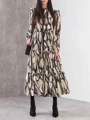 Momentlover Tied Split-Joint Printed Hollow Elasticity Puff Sleeves Loose Mock Neck Midi Dresses