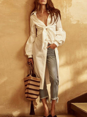 Momentlover Simple Flared Sleeves Loose Solid Color Lapel Collar Midi Dresses