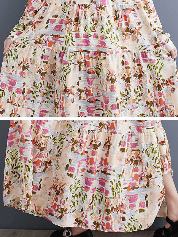 Momentlover Split-Joint Printed Pleated Loose Long Sleeves Stand Collar Shirt Dress Midi Dresses