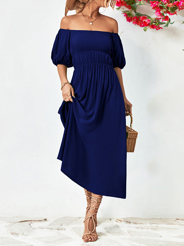 Momentlover Solid Color Short Sleeves Loose Off-The-Shoulder Midi Dresses