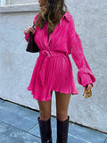 Momentlover Tied Waist Solid Color Pleated Buttoned Long Sleeves Lapel Shirt Dress Mini Dresses