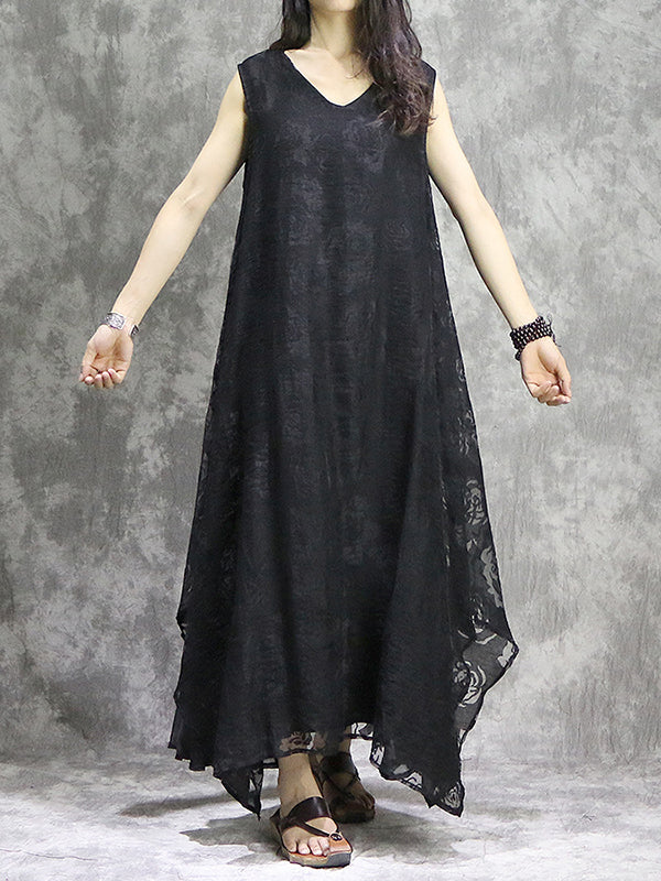 Momentlover Solid Color Flower Print Sleeveless Loose V-Neck Midi Dresses