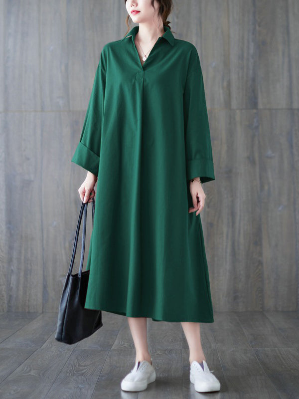 Momentlover Solid Color Buttoned Loose Long Sleeves V-Neck Shirt Dress Midi Dresses