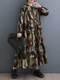 Momentlover Split-Joint Printed Pleated Loose Long Sleeves Round-Neck Midi Dresses