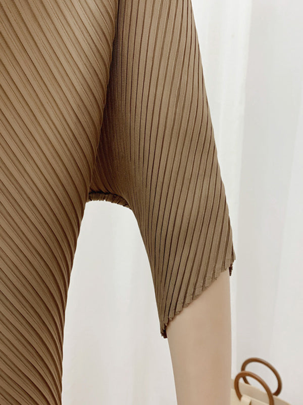 Momentlover Solid Color Pleated Loose Irregular Clipping Round-Neck Midi Dresses