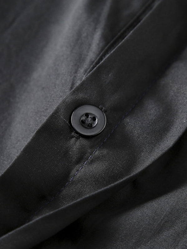 Momentlover Tied Waist Printed Drawstring Contrast Color Short Sleeves Loose Lapel Shirt Dress Midi Dresses