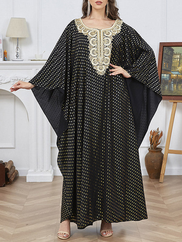 Momentlover Split-Side Split-Joint Bronzing Loose Long Sleeves V-Neck Robes Maxi Dresses