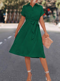 Momentlover Tied Waist Solid Color Buttoned Short Sleeves High Waisted Lapel Collar Shirt Dress Midi Dresses