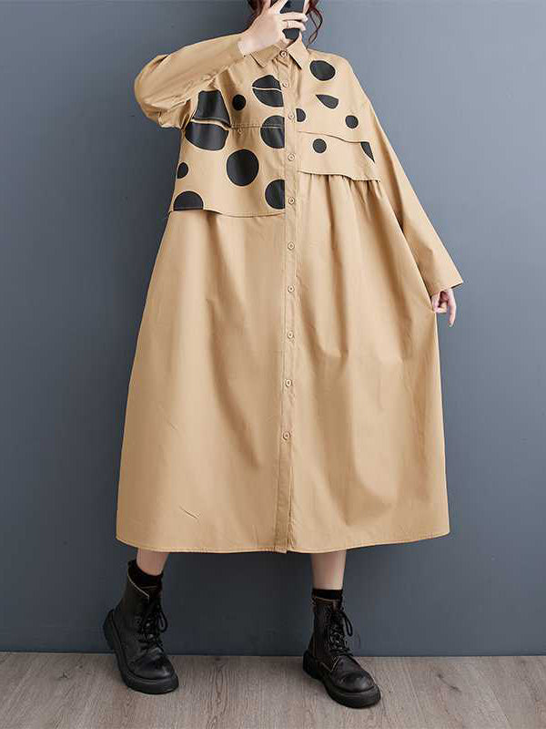 Momentlover Split-Joint Polka Dot Buttoned Asymmetric Loose Long Sleeves Lapel Midi Dresses