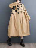 Momentlover Split-Joint Polka Dot Buttoned Asymmetric Loose Long Sleeves Lapel Midi Dresses