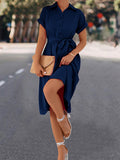 Momentlover Tied Waist Solid Color Buttoned Short Sleeves High Waisted Lapel Collar Shirt Dress Midi Dresses