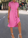 Momentlover Tied Waist Solid Color Buttoned Short Sleeves High Waisted Lapel Collar Shirt Dress Midi Dresses