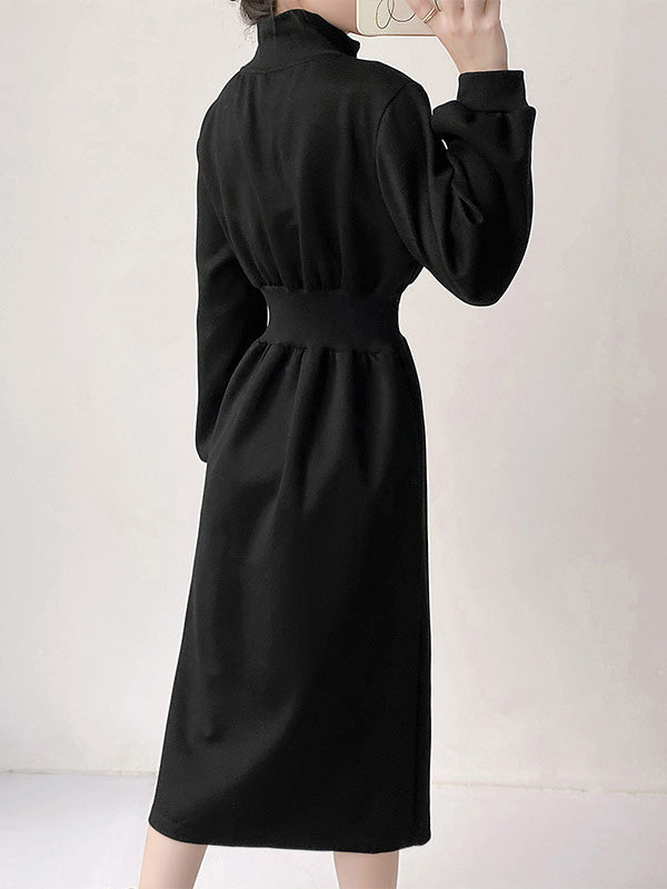Momentlover Zipper Split-Front Asymmetric Long Sleeves High Neck Midi Dresses