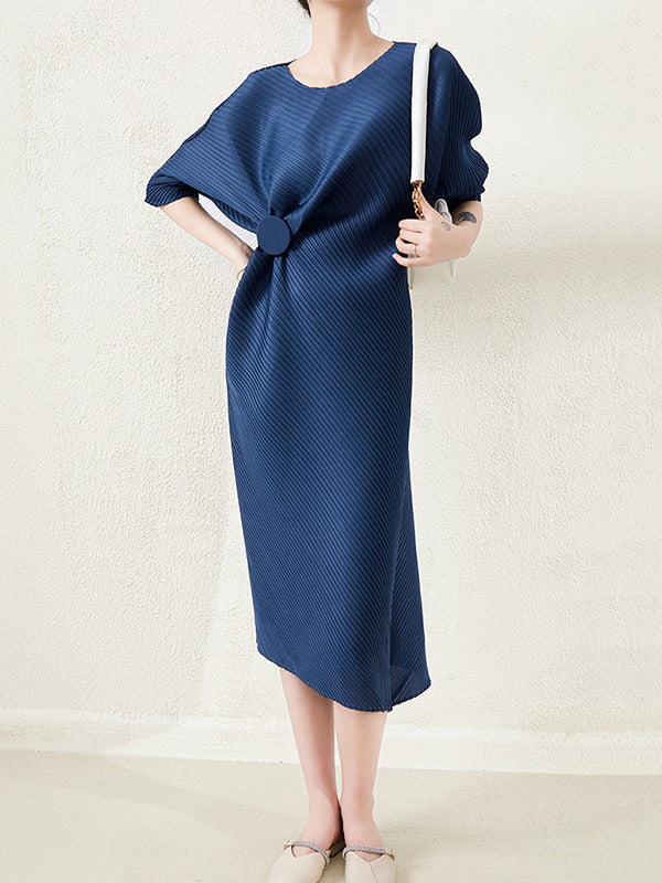 Momentlover Stylish Irregularity Loose Pleated Solid Color Round-Neck Midi Dresses