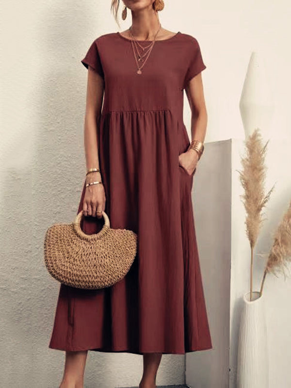 Momentlover Solid Color Pleated Short Sleeves Loose Round-Neck Midi Dresses