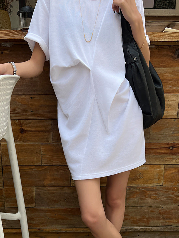 Momentlover Solid Color Short Sleeves Loose Round-Neck Mini Dresses