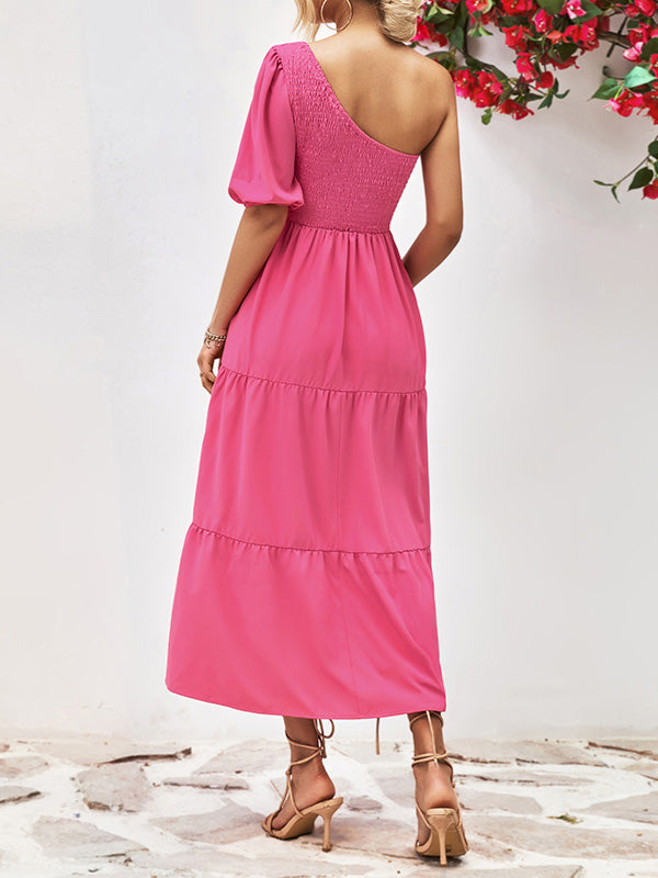 Momentlover Solid Color Puff Sleeves Loose One-Shoulder Midi Dresses