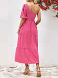 Momentlover Solid Color Puff Sleeves Loose One-Shoulder Midi Dresses