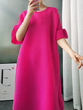Momentlover Stylish Selection Flared Sleeves A-Line Pleated Solid Color Round-Neck Midi Dresses