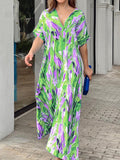 Momentlover Printed Multi-Colored Short Sleeves Loose V-neck Maxi Dresses