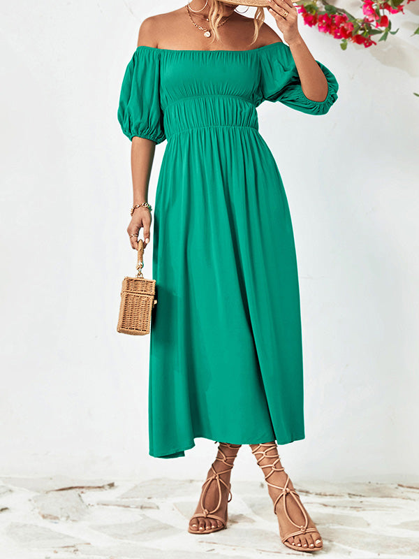 Momentlover Solid Color Short Sleeves Loose Off-The-Shoulder Midi Dresses
