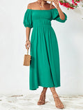 Momentlover Solid Color Short Sleeves Loose Off-The-Shoulder Midi Dresses