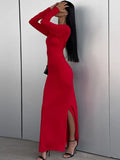 Momentlover Split-Side Solid Color Long Sleeves Bodycon Round-Neck Maxi Dresses