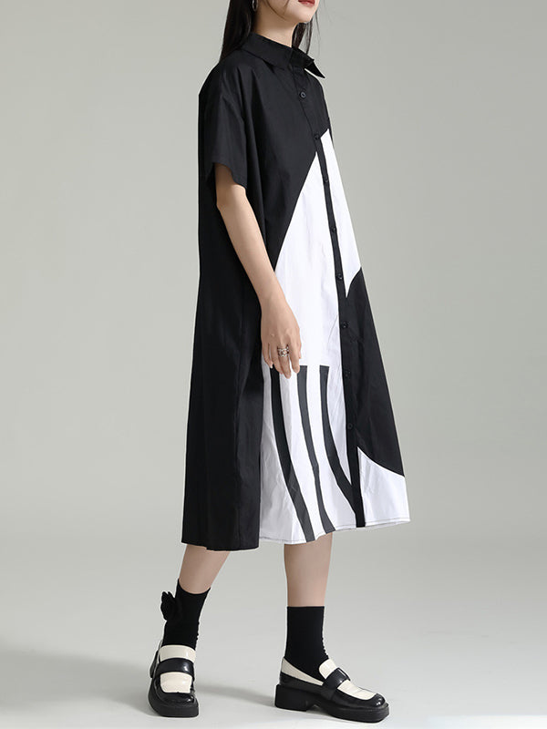Momentlover Split-Joint Contrast Color Asymmetric Short Sleeves Loose Lapel Shirt Dress Midi Dresses