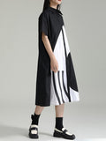 Momentlover Split-Joint Contrast Color Asymmetric Short Sleeves Loose Lapel Shirt Dress Midi Dresses