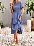 Momentlover Solid Color Elastics Short Sleeves Loose Round-neck Midi Dresses