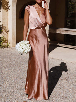 Momentlover Split-Joint Solid Color Pleated Short Sleeves Loose V-Neck Maxi Dresses