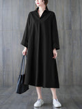 Momentlover Solid Color Buttoned Loose Long Sleeves V-Neck Shirt Dress Midi Dresses