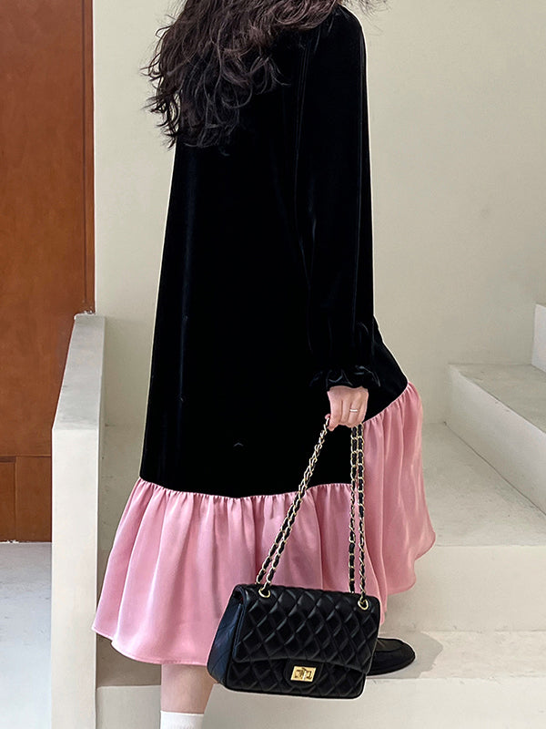 Momentlover Velvet Split-Joint Ruffled Pleated Contrast Color Loose Long Sleeves Round-Neck Midi Dresses