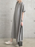 Momentlover Split-Joint Solid Color Pleated Short Sleeves Loose Round-Neck Midi Dresses