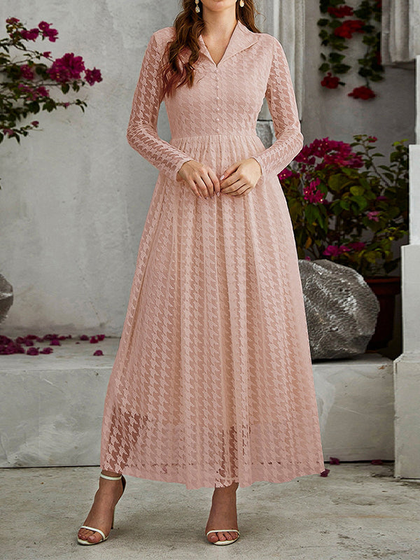 Momentlover Solid Color See-Through Gauze Buttoned Long Sleeves High Waisted V-Neck Maxi Dresses