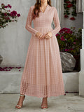 Momentlover Solid Color See-Through Gauze Buttoned Long Sleeves High Waisted V-Neck Maxi Dresses