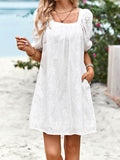 Momentlover Solid Color Jacquard Puff Sleeves Loose Square-neck Mini Dresses