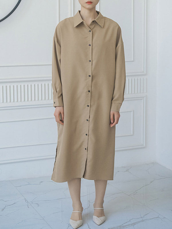 Momentlover Split-side Buttoned Three-quarter Sleeves Loose Lapel Shirt Dress Midi Dresses