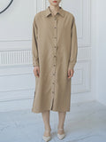 Momentlover Split-side Buttoned Three-quarter Sleeves Loose Lapel Shirt Dress Midi Dresses
