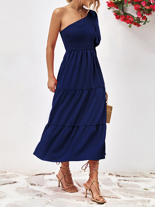 Momentlover Solid Color Puff Sleeves Loose One-Shoulder Midi Dresses