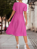 Momentlover Split-Joint Solid Color Pleated Knot Elasticity Short Sleeves Puff Sleeves V-neck Midi Dresses