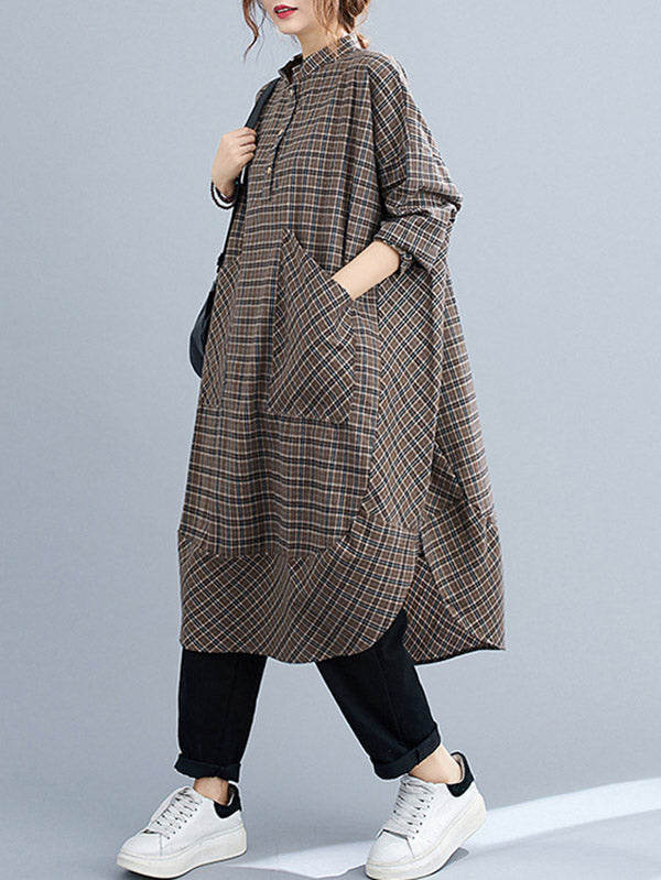 Momentlover Vintage Plaid Irregularity Shirt Dresses