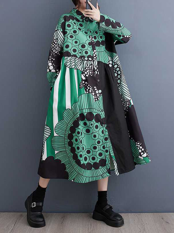 Momentlover Split-Joint Printed Buttoned Asymmetric Loose Long Sleeves Lapel Shirt Dress Midi Dresses