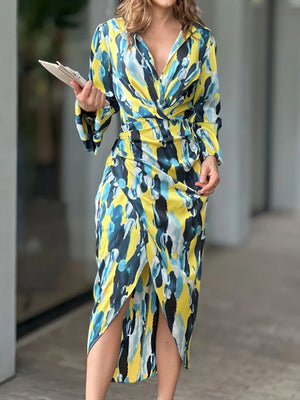 Momentlover Split-Joint Printed Pleated Asymmetric Long Sleeves High Waisted Lapel Midi Dresses