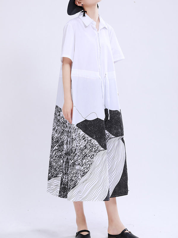 Momentlover Tied Waist Printed Drawstring Contrast Color Short Sleeves Loose Lapel Shirt Dress Midi Dresses