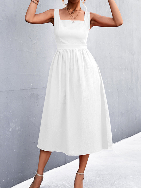 Momentlover Split-Joint Solid Color Pleated Sleeveless High Waisted U-Neck Midi Dresses