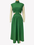Momentlover Solid Color Pleated Belly-Hollow Cap Sleeve Stand Collar Maxi Dresses