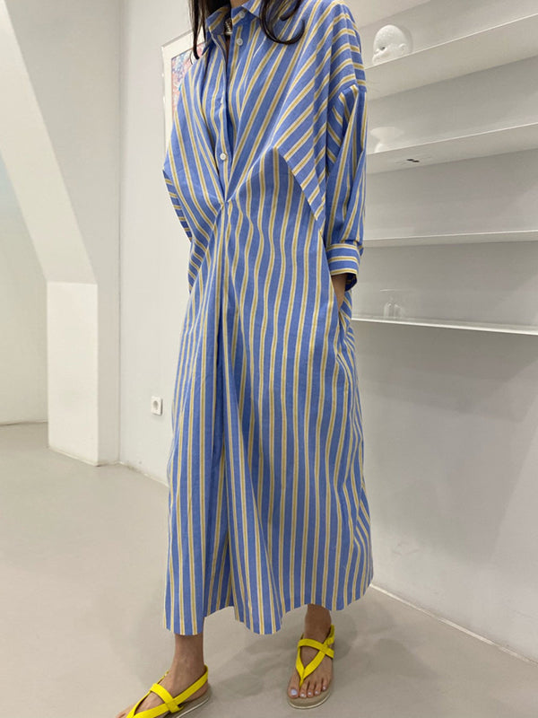 Momentlover Striped Pockets Contrast Color Buttoned Loose Long Sleeves Lapel Shirt Dress Midi Dresses