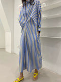 Momentlover Striped Pockets Contrast Color Buttoned Loose Long Sleeves Lapel Shirt Dress Midi Dresses